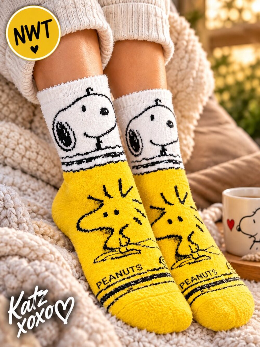 Peanuts Snoopy Woodstock Cozy Crew Socks Women's 5-10 Fuzzy Yellow Cartoon NWT
